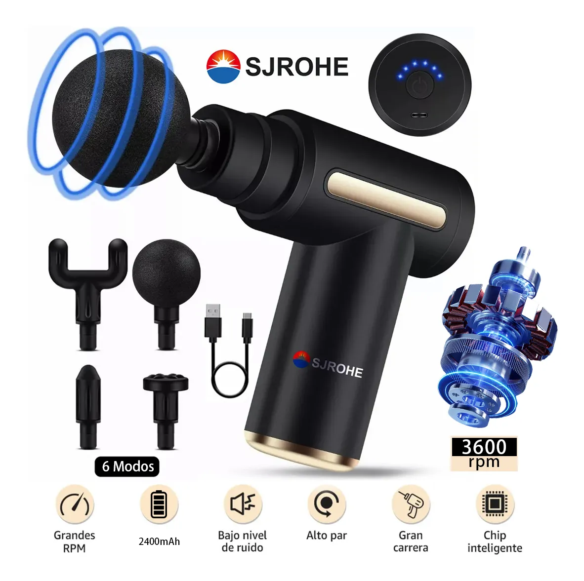 Sjrohe® Pistola De Masaje 6 Modos Muscular Para Relajar Aliviar El Dolor Color Negro Portatil Pistola Masajeador